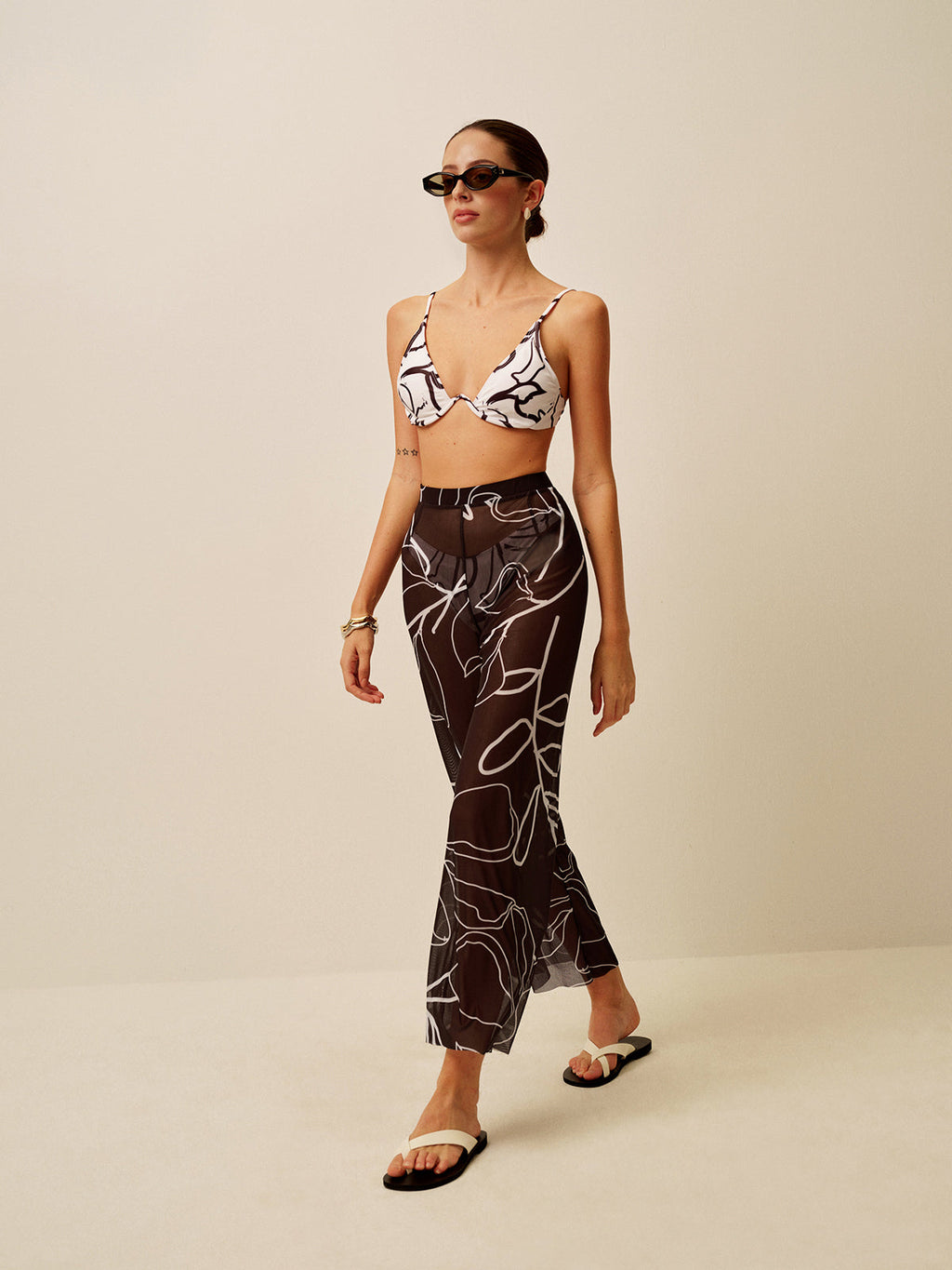 Sheer Printed Wide-Leg Cover-Up Pants