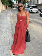 Cotton Sleeveless Pockets Cutout Long Dress