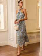 Halter Neck Floral Print Midi Dress