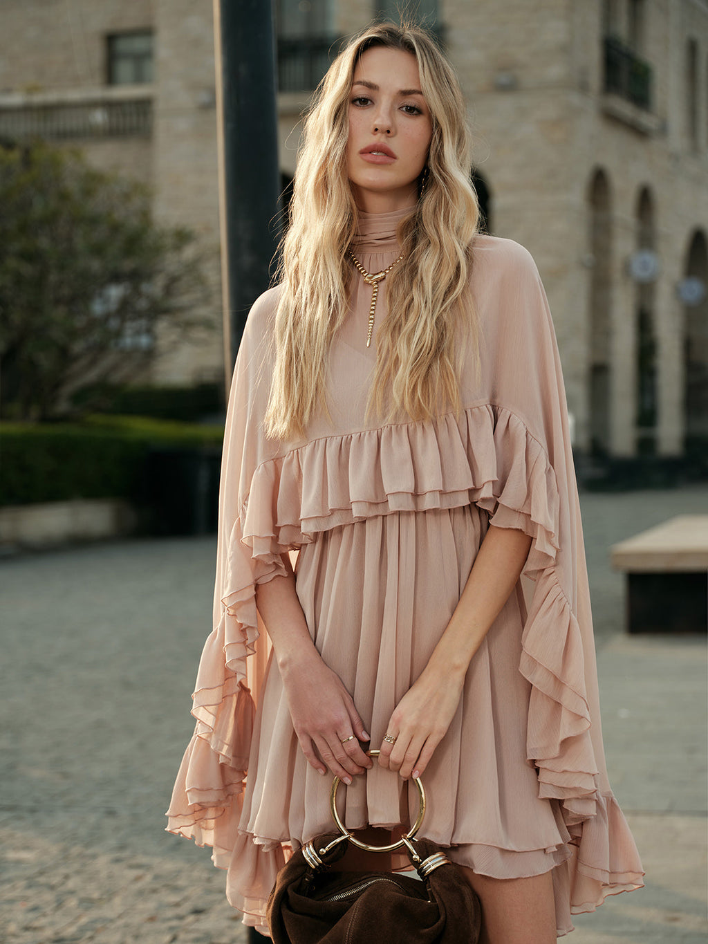 Semi-Sheer Chiffon Ruffle Dress With Outer Cape