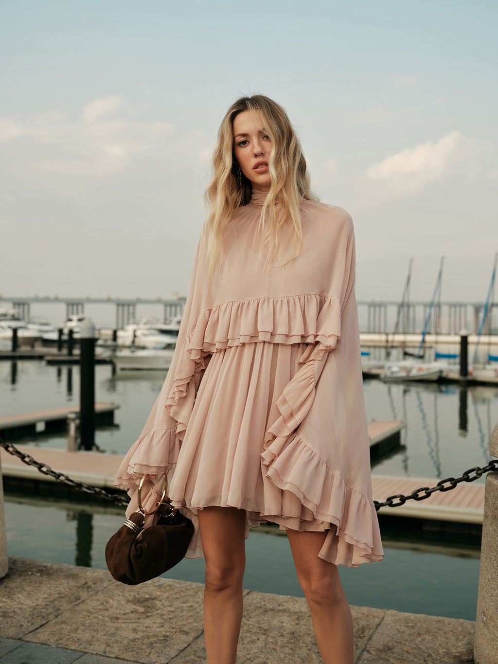 Semi-Sheer Chiffon Ruffle Dress With Outer Cape