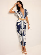 Printed Deep V-Neck Midi Dress Without Belt