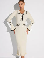 Contrast Trim Buttoned Ribbed Sweater Dress