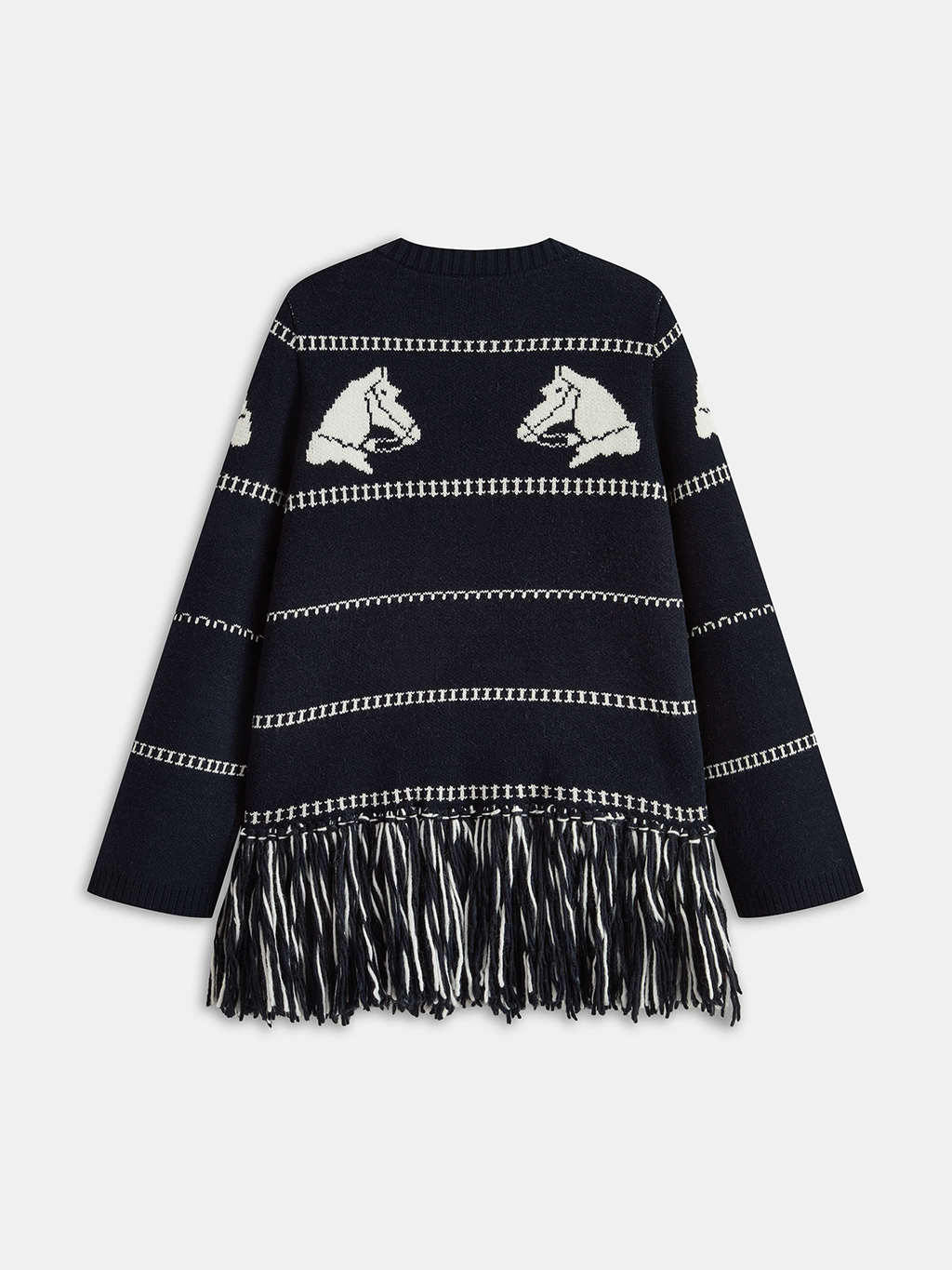 Horse-Pattern Wool Blend Fringe Cardigan