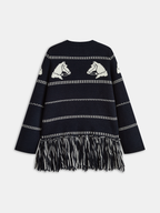 Horse-Pattern Wool Blend Fringe Cardigan