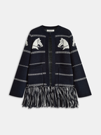 Horse-Pattern Wool Blend Fringe Cardigan