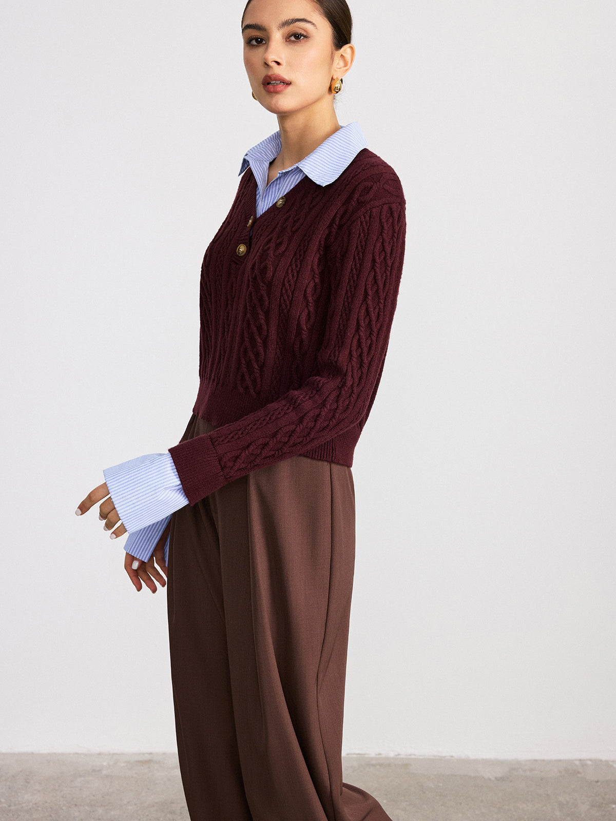 2 in 1 Striped Shirt Panel Cable Knit Top