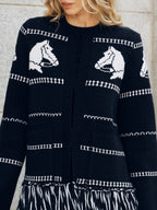 Horse-Pattern Wool Blend Fringe Cardigan