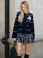 Horse-Pattern Wool Blend Fringe Cardigan