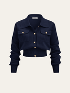 Metal Button Collared Cardigan and Midi Skirt Set