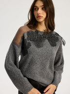 Floral lace Sweater Semi Sheer Round Neck Sweater