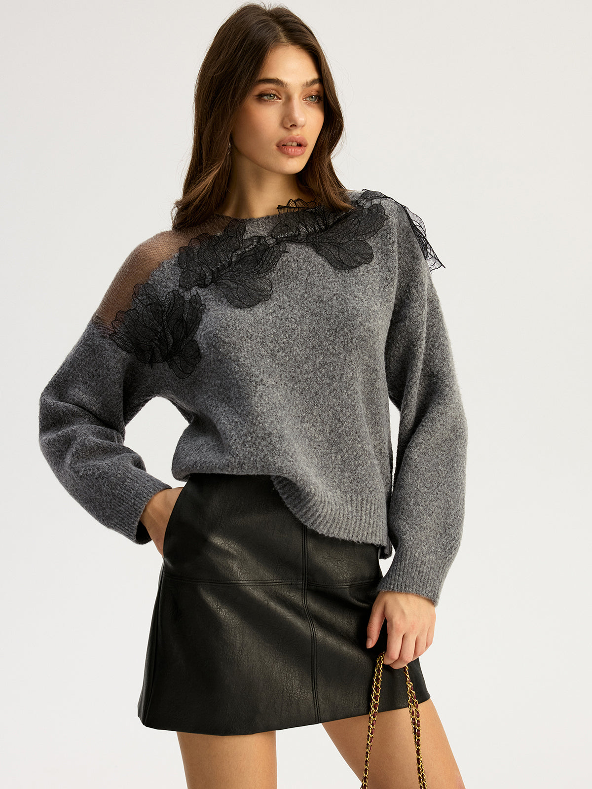 Floral lace Sweater Semi Sheer Round Neck Sweater