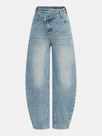 High-Waist Denim Asymmetric Curved-Leg Jeans
