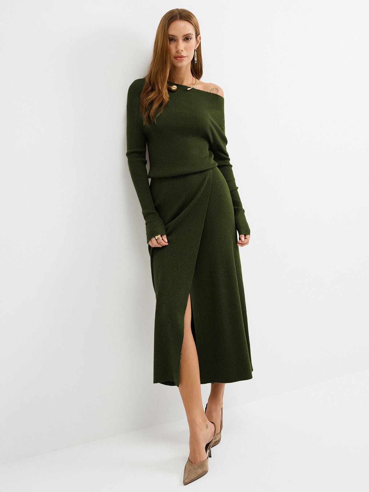 Off-Shoulder Ribbed Wool Blend Maxi Dress