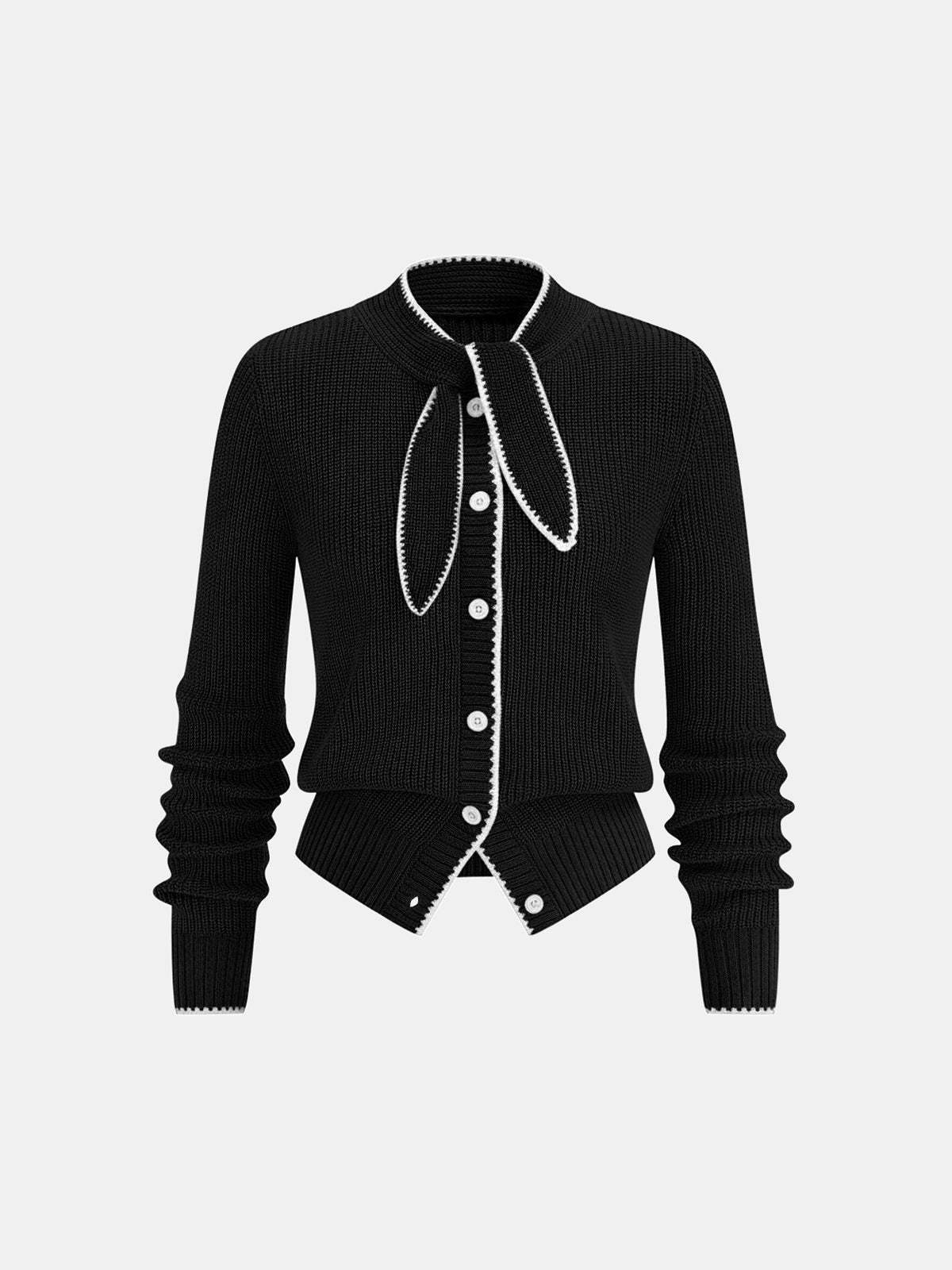 Tie Neck Contrast Trim Wool Blend Cardigan