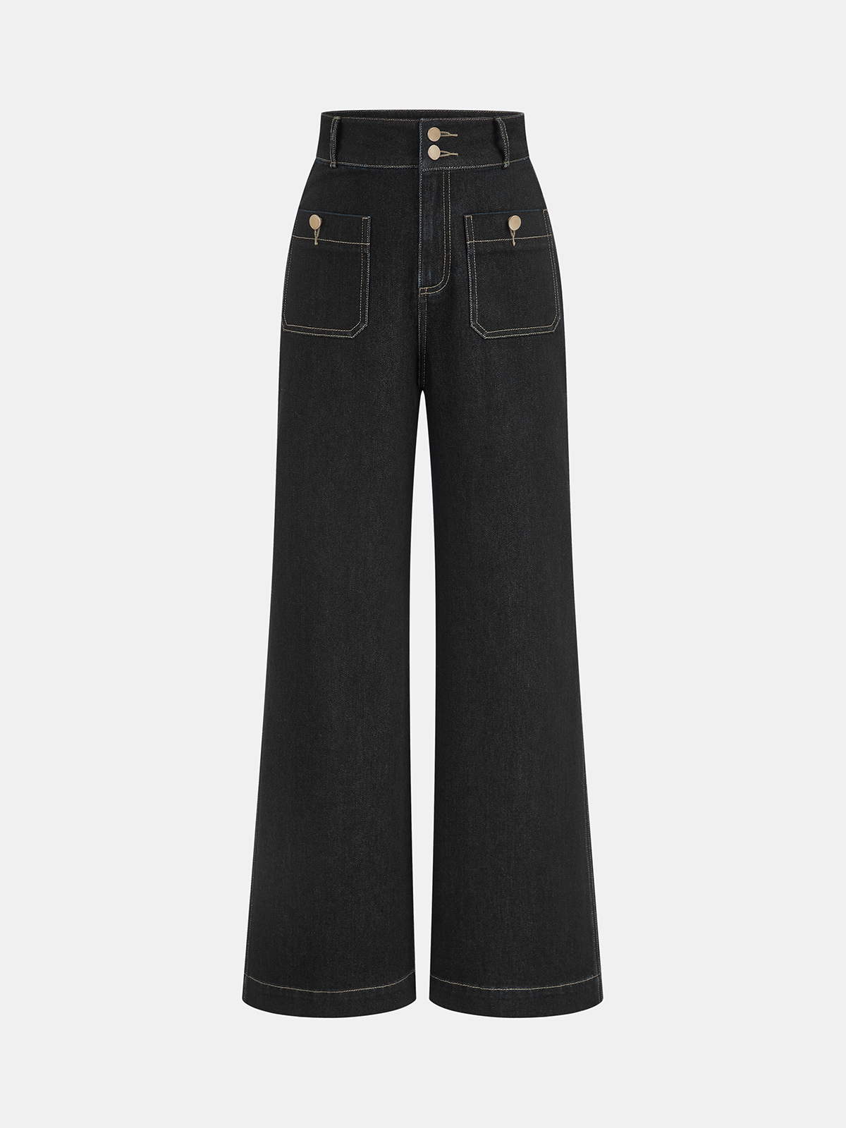 High-Waisted Double-Button Straight-Leg Denim Pants