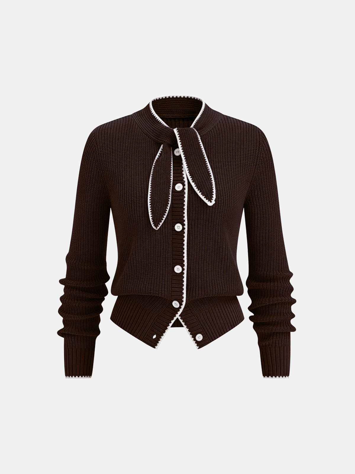 Tie Neck Contrast Trim Wool Blend Cardigan