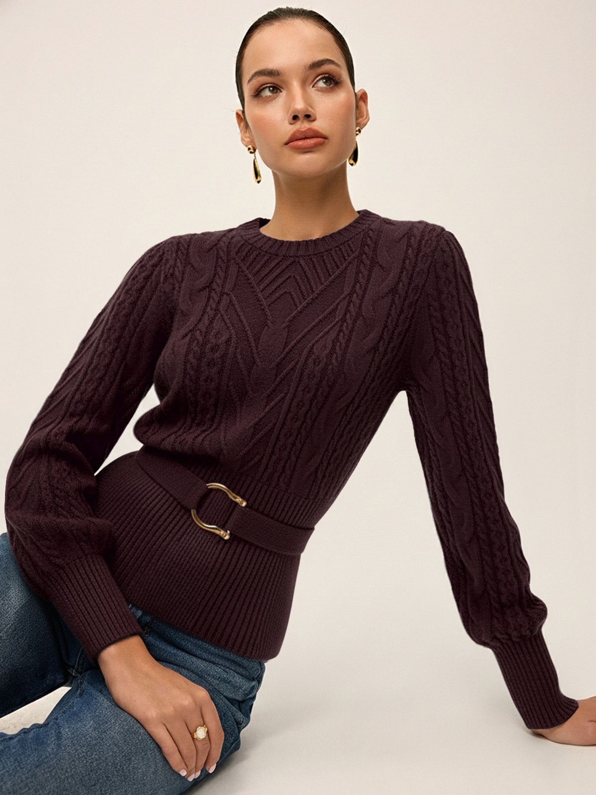 Cinched Waist Belted Cable Knit Top
