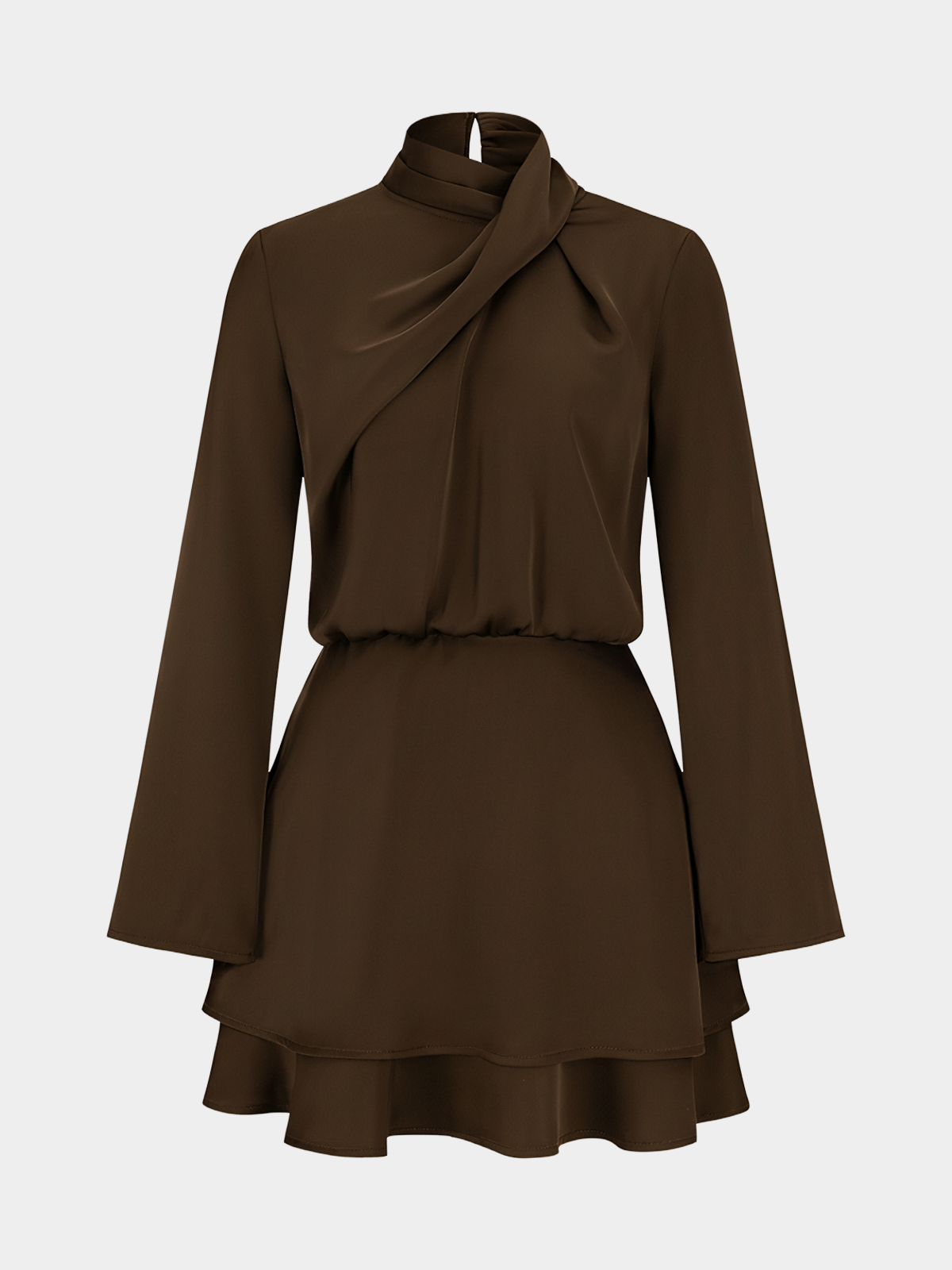 Long Sleeve Cross Neck Satin Tiered Mini Dress