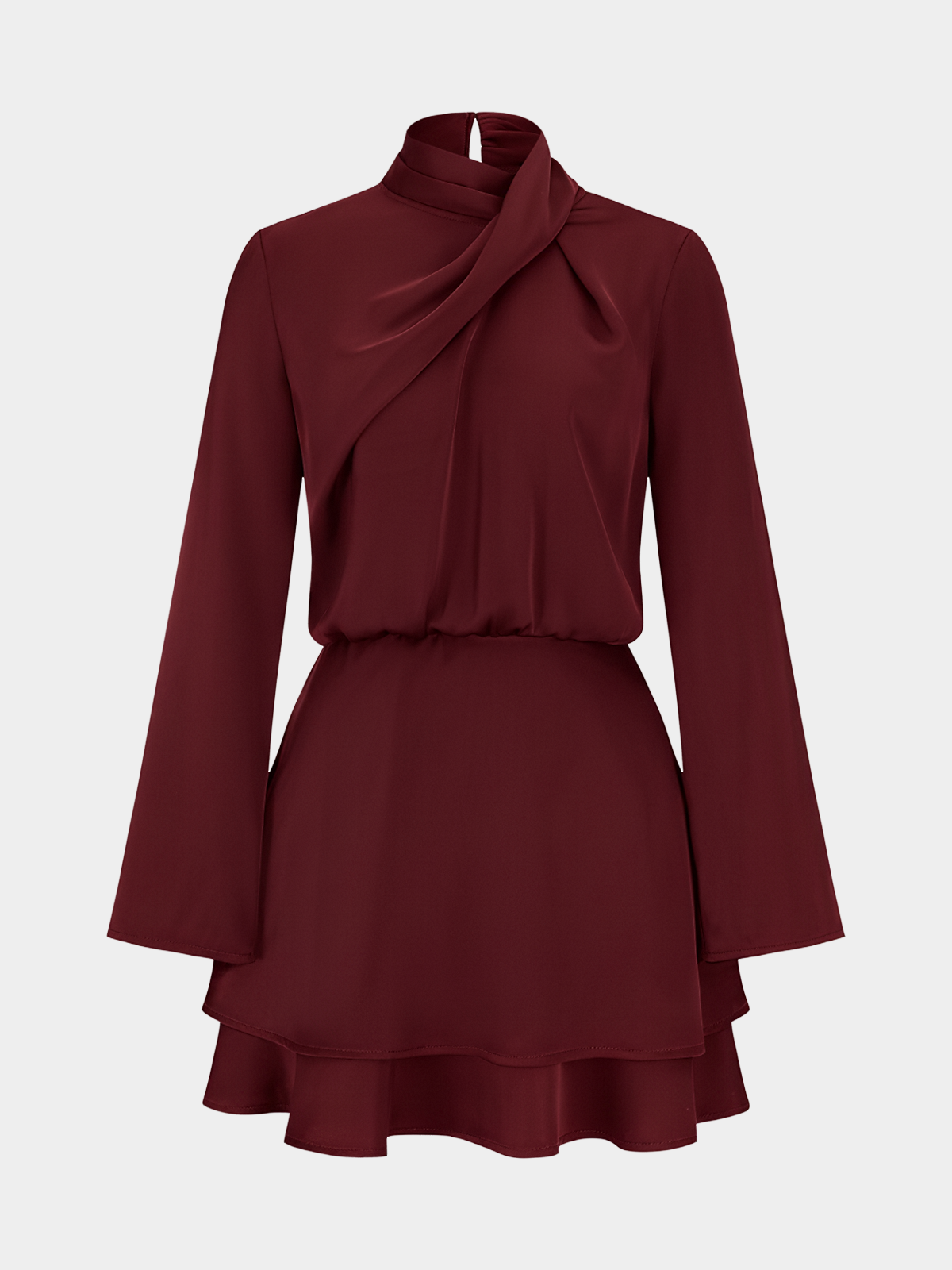 Long Sleeve Cross Neck Satin Tiered Mini Dress