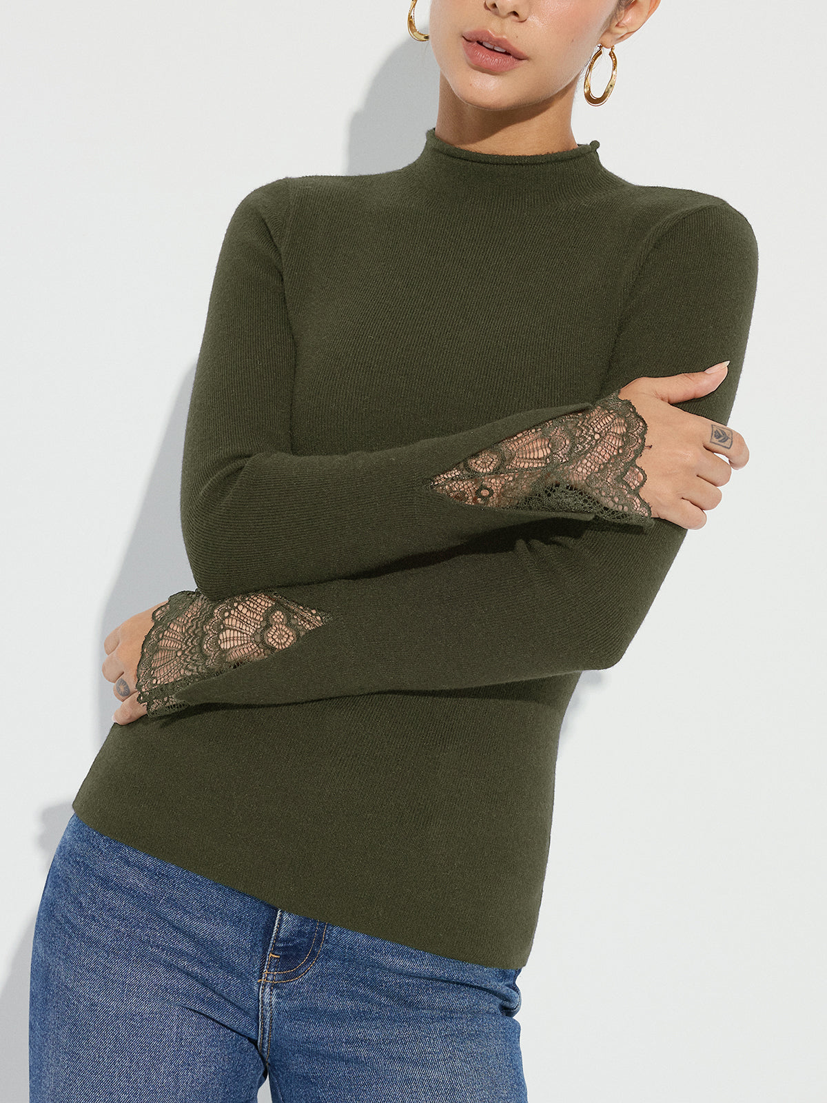 Mock Neck Lace Cuff Knit Top