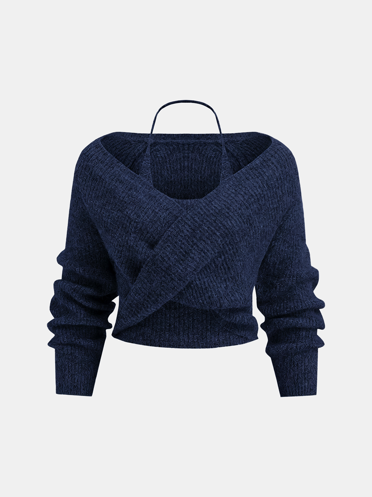 Wool-Blend Two-Piece Set Crossover Halter Knit Top