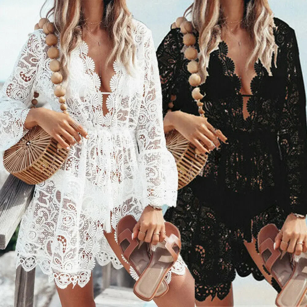 Boho Crochet White Knitted V-neck Scallop Trim Lace Dress Women Beach Sundress Tunic Pareos Bikinis Cover Ups Robe Beachwear