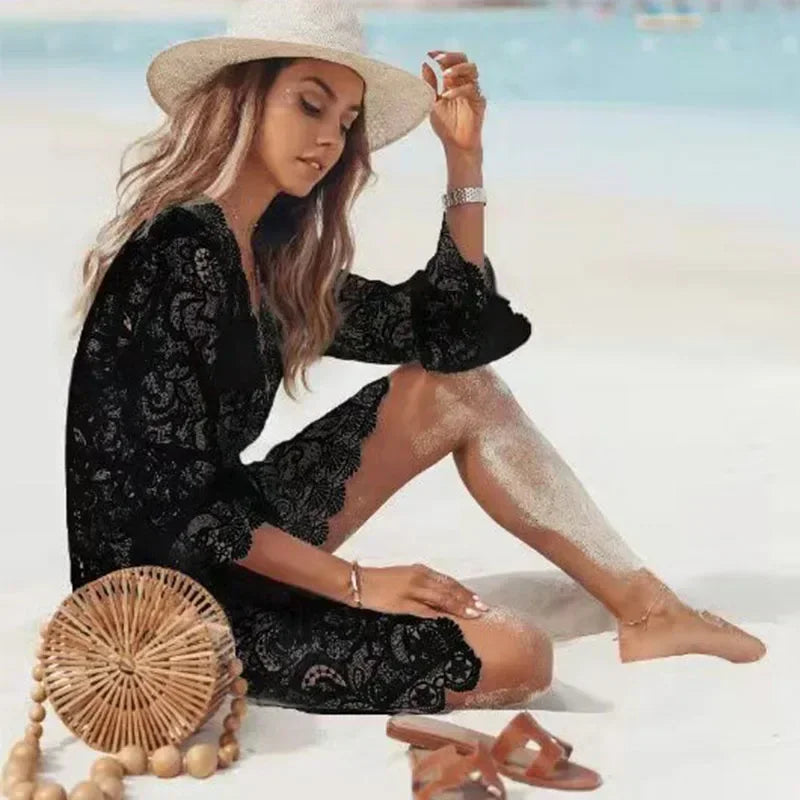 Boho Crochet White Knitted V-neck Scallop Trim Lace Dress Women Beach Sundress Tunic Pareos Bikinis Cover Ups Robe Beachwear