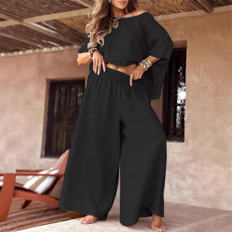 Causal Off Shoulder Top ＆ Wide-Leg Pants Two-Piece Set