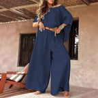 Causal Off Shoulder Top ＆ Wide-Leg Pants Two-Piece Set