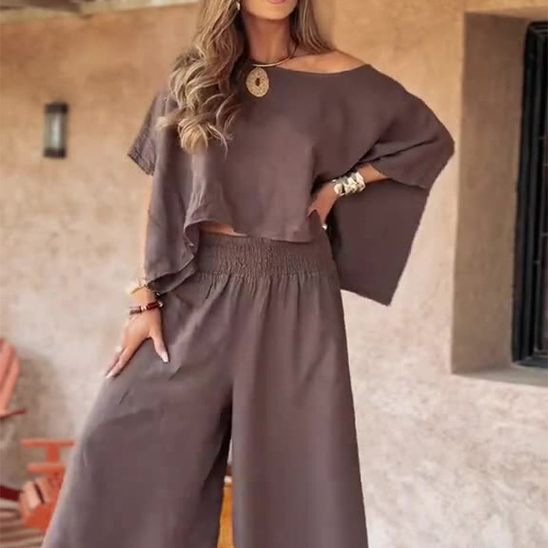 Causal Off Shoulder Top ＆ Wide-Leg Pants Two-Piece Set