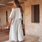 Causal Off Shoulder Top ＆ Wide-Leg Pants Two-Piece Set