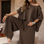 Causal Off Shoulder Top ＆ Wide-Leg Pants Two-Piece Set